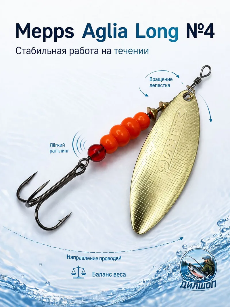 Блесна вращающаяся для рыбалки Mepps AGLIA LONG №4 на щуку, окуня, форель