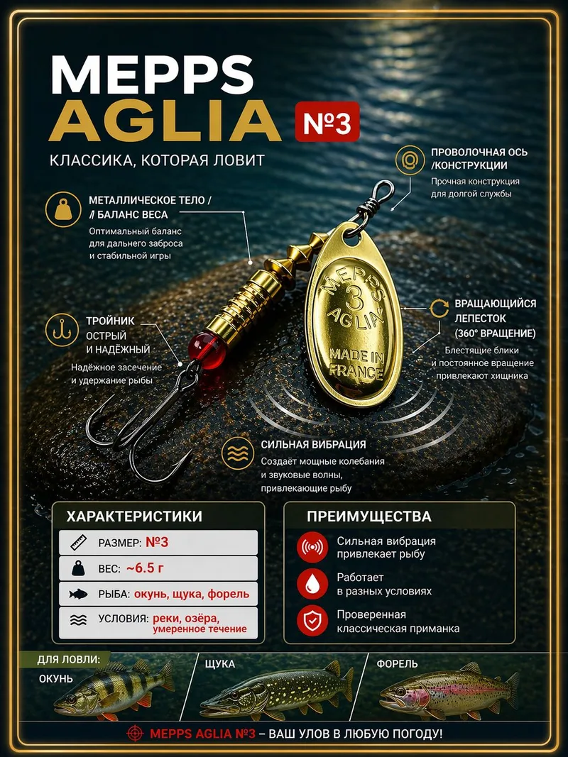 Блесна вращающаяся для рыбалки Mepps AGLIA №3 на щуку, окуня, форель