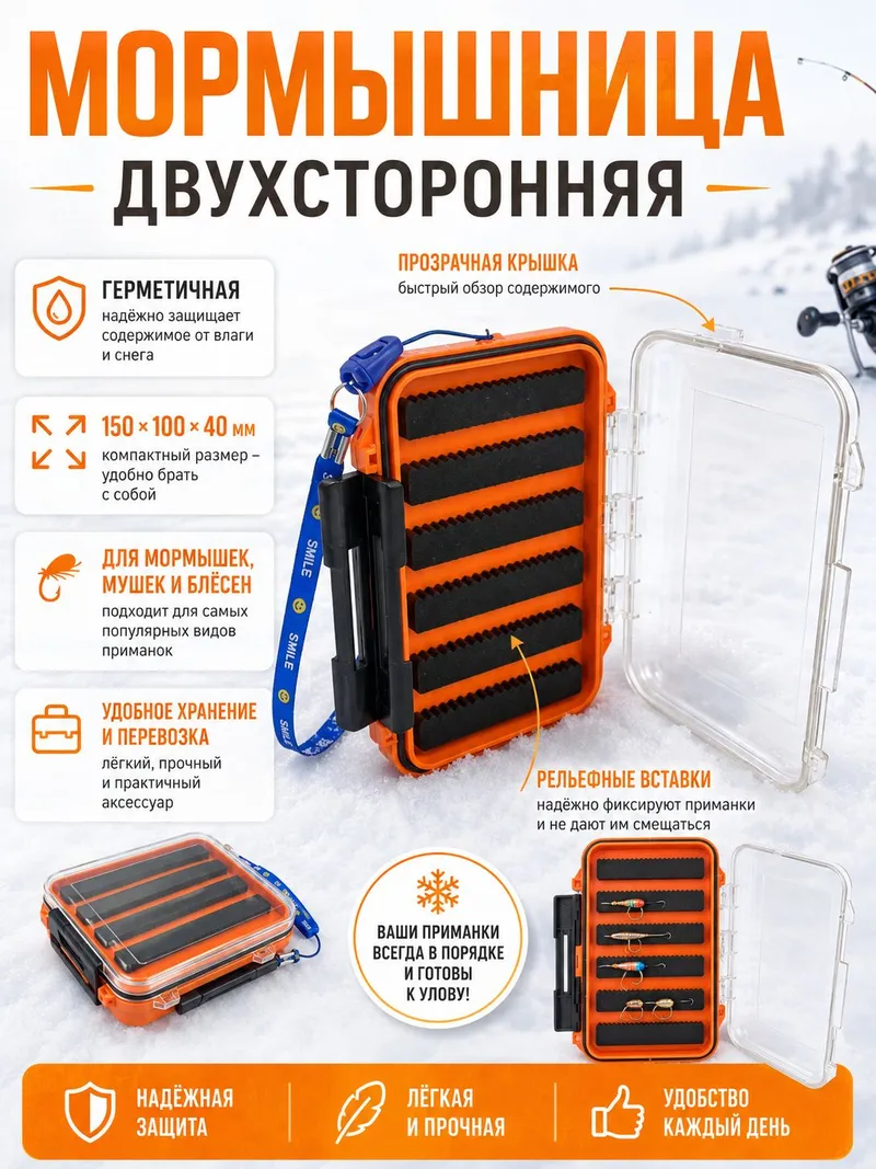 Коробка рыболовная, органайзер для хранения мормышек, мушек, блесен двухсторонняя 150x100x40