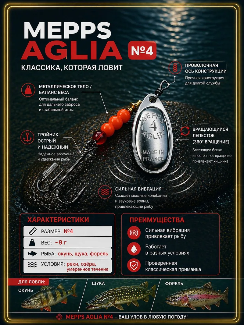 Блесна вращающаяся для рыбалки Mepps AGLIA №4 на щуку, окуня, форель