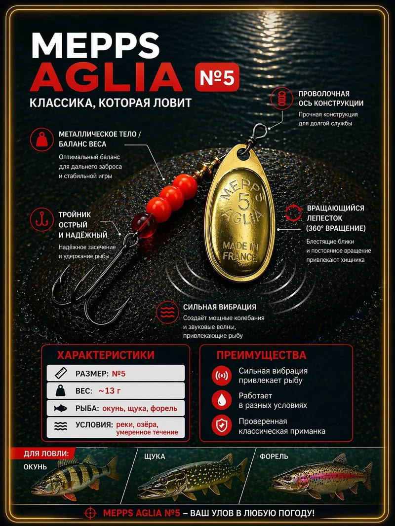 Блесна вращающаяся для рыбалки Mepps AGLIA №5 на щуку, окуня, форель