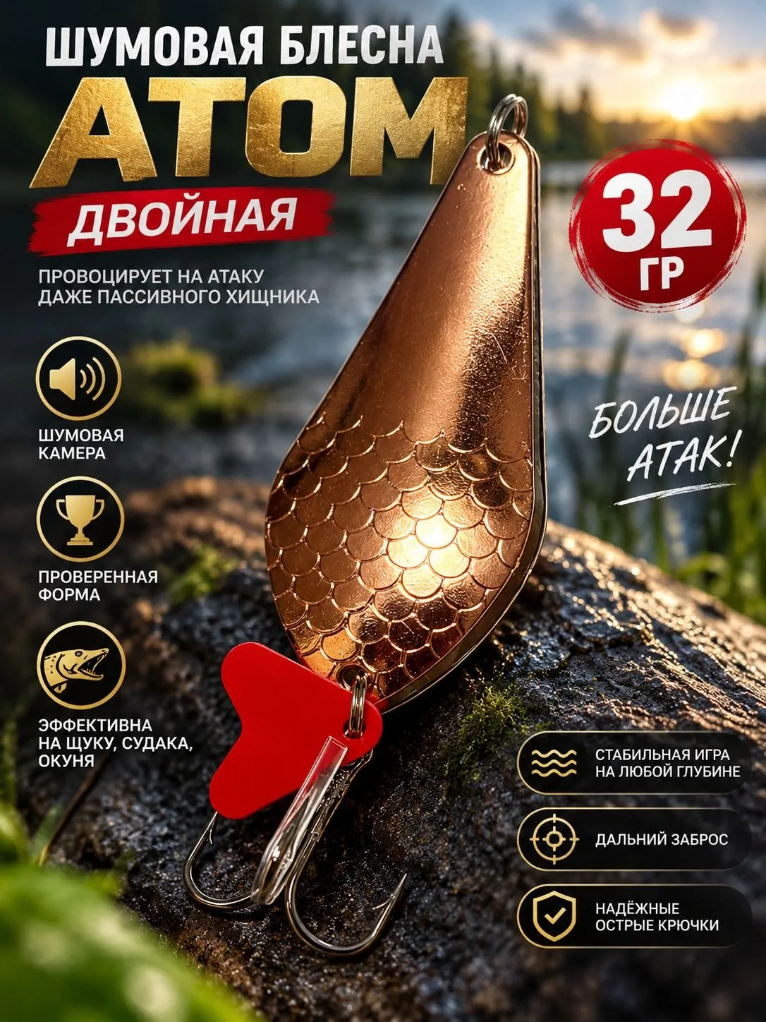 Блесна колеблющаяся двойная шумовая на щуку, судака 32гр