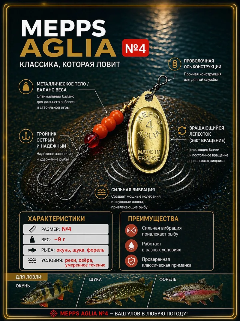 Блесна вращающаяся для рыбалки Mepps AGLIA №4 на щуку, окуня, форель