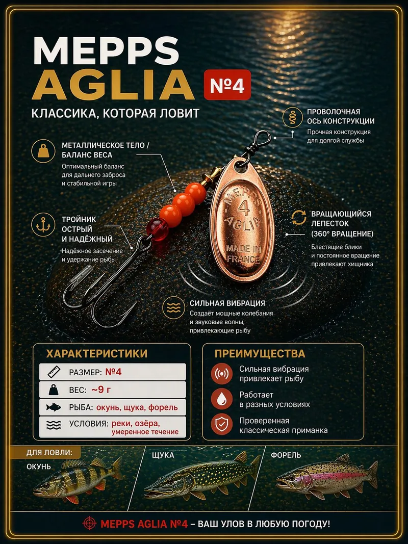 Блесна вращающаяся для рыбалки Mepps AGLIA №4 на щуку, окуня, форель