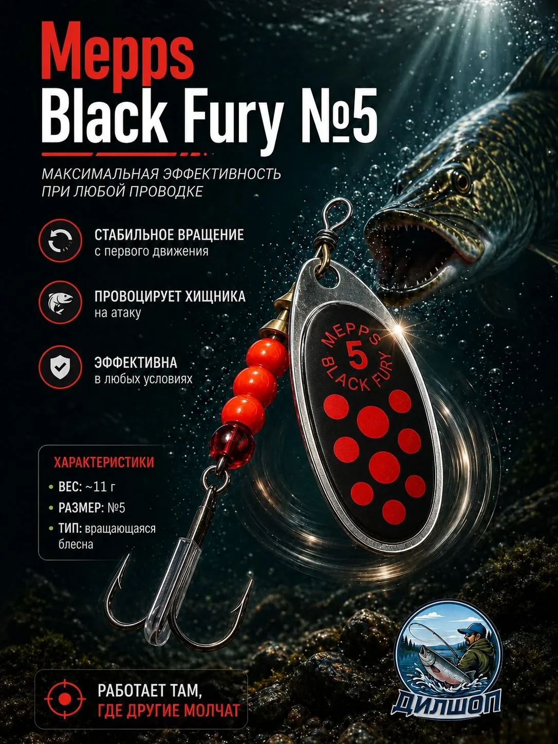 Блесна вращающаяся для рыбалки Mepps BLACK FURY №5 на щуку, окуня, форель